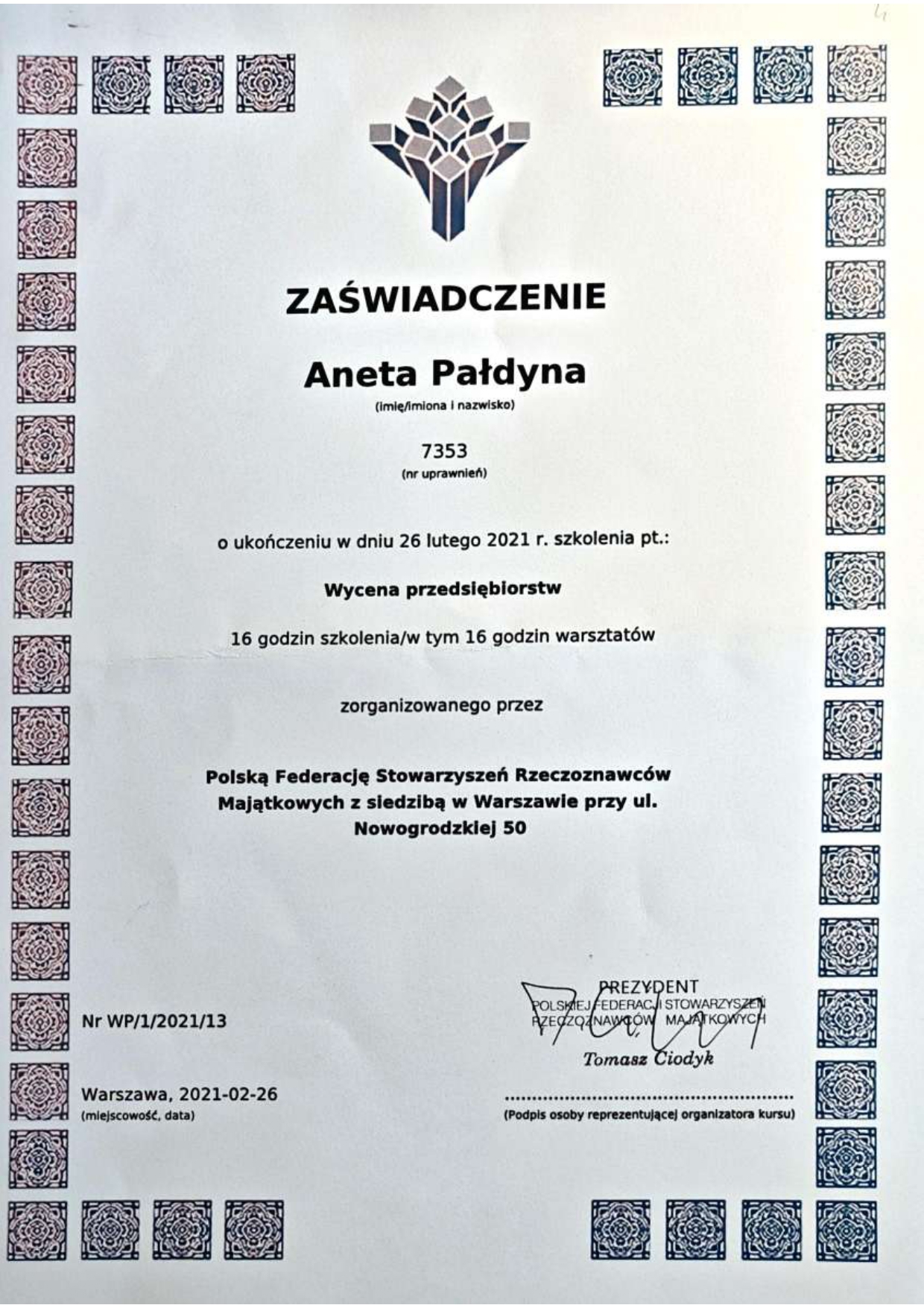 Zaświadczenie - Wycena Maszyn i Urządzeń